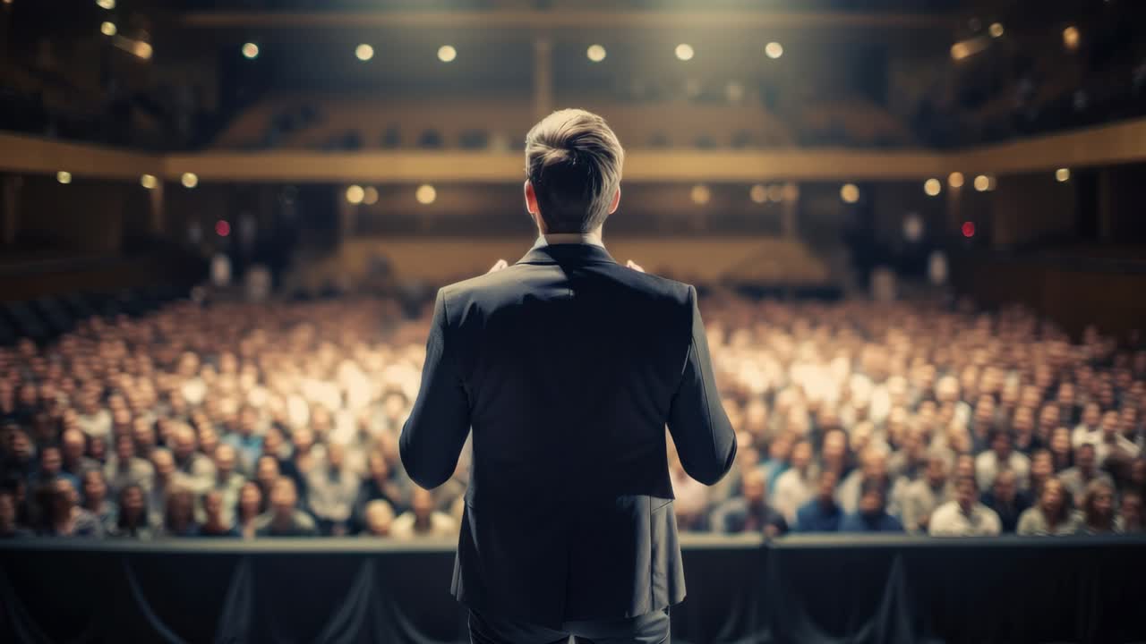 Un oratore sul palco di fronte a un vasto pubblico in un teatro. Immagine scattata da dietro, ad altezza occhi, perfetta