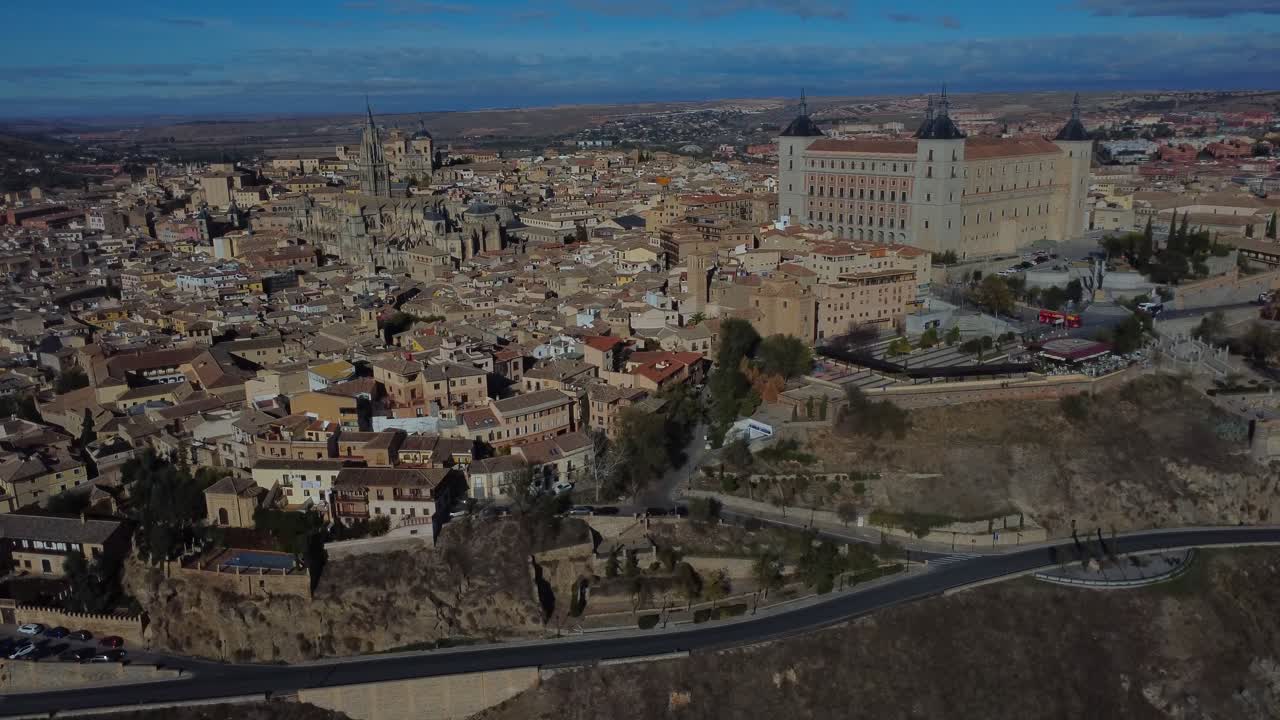 Aerial view over Toledo, with Alcázar Fortress on the hill - Spain