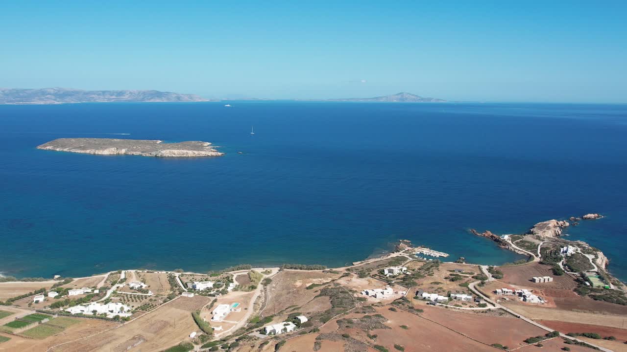 Aerial views from over the coast of Paros, Greece, in the Aegean Sea