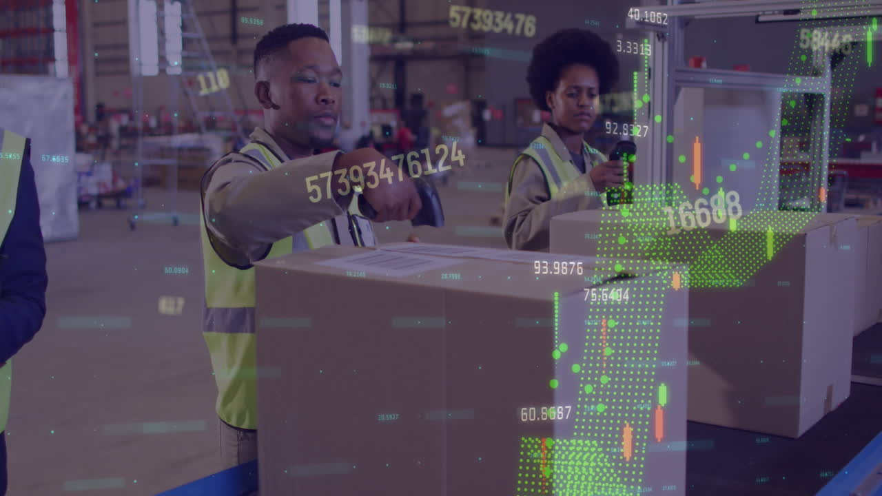 Animation of financial data processing over diverse people working in warehouse