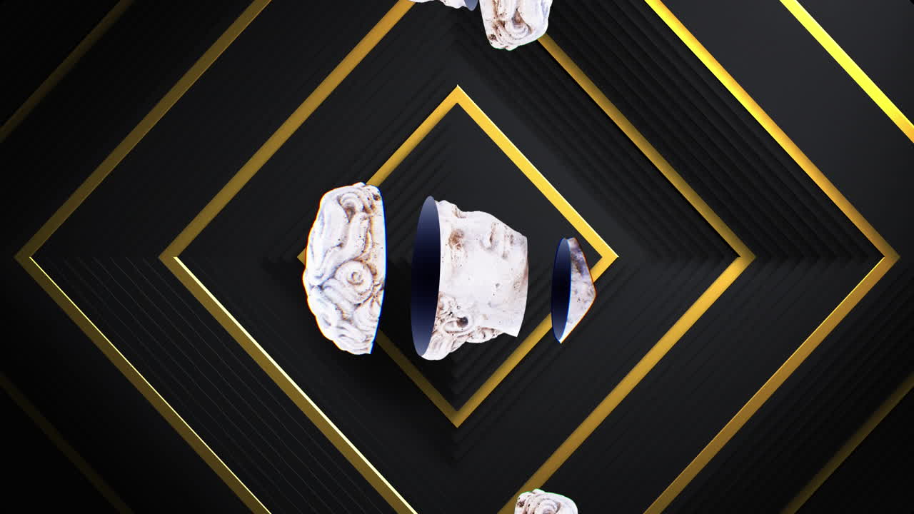 검은색 배경의 금색 사각형 위에 움직이는 스플라이스 된 남성 고전 조각 부스트의 애니메이션