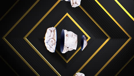animación de bustos de esculturas clásicas masculinas empaladas que se mueven sobre cuadrados dorados sobre fondo negro