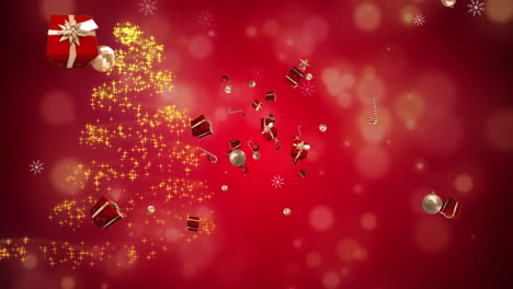 animation of christmas tree, candy canes and presents flying on red background.