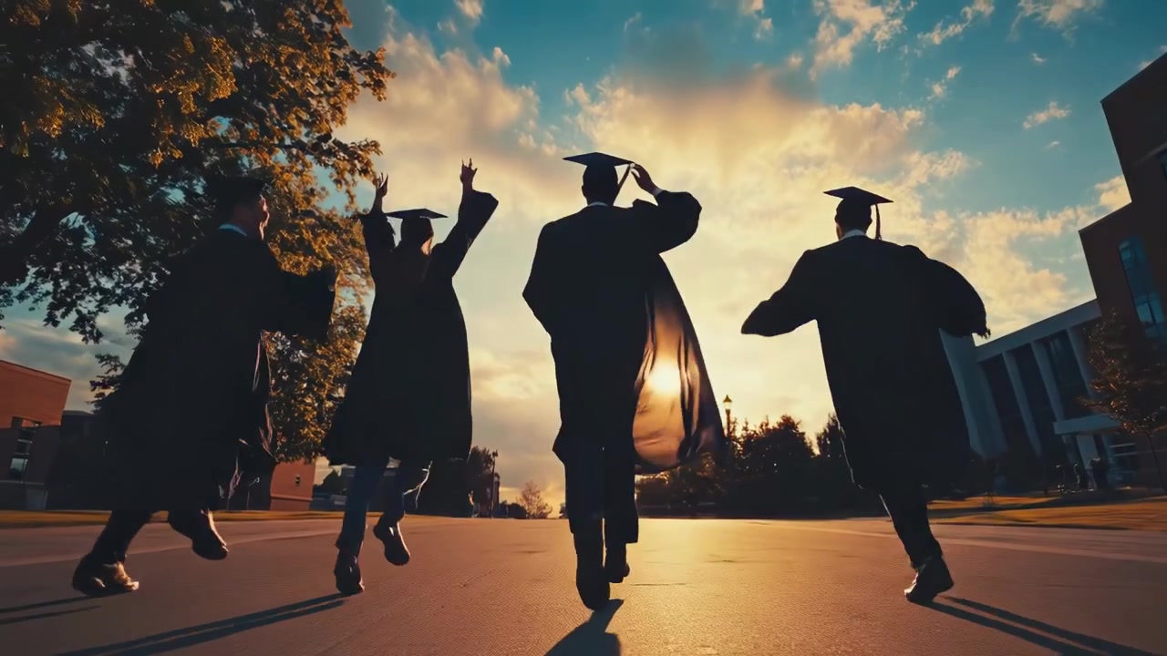 Joyful Graduates Running in Caps and Gowns at Sunset