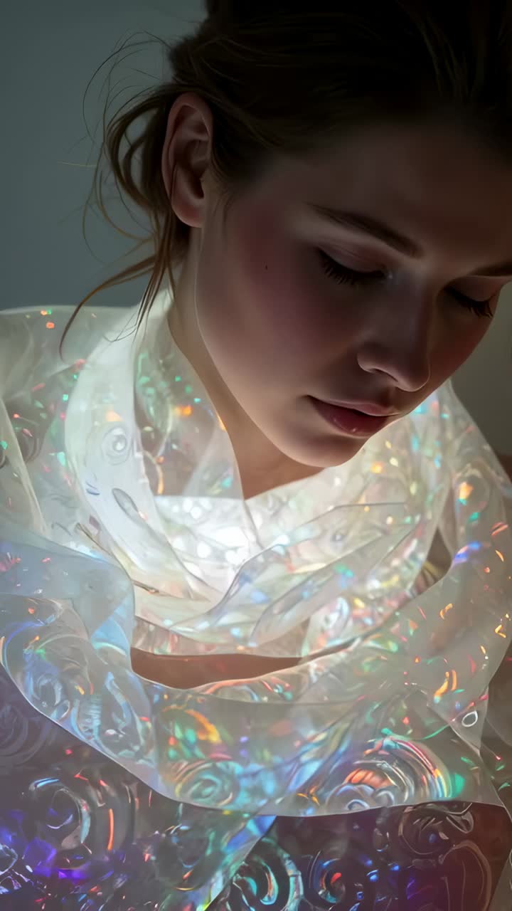 Vídeo vertical: Mujer sentada posando con cambio de luz fuera de plano; estudio que muestra remolinos