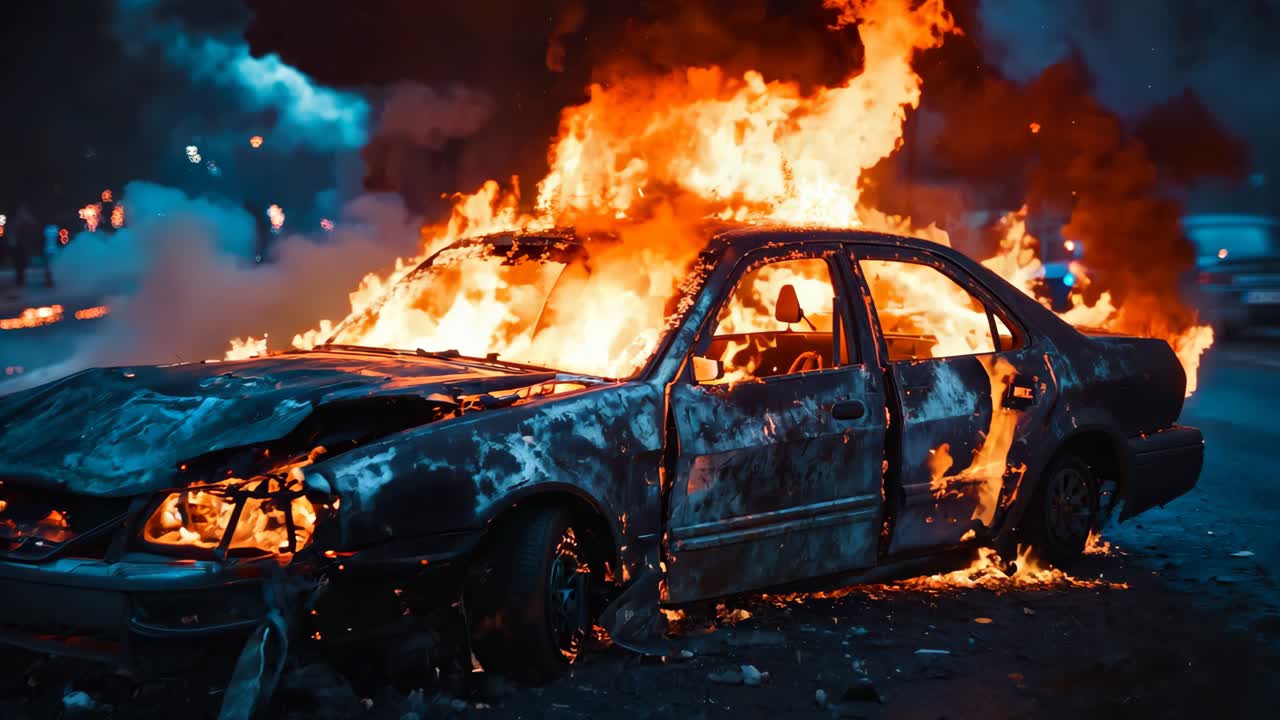 un coche quemado en llamas al lado de la carretera