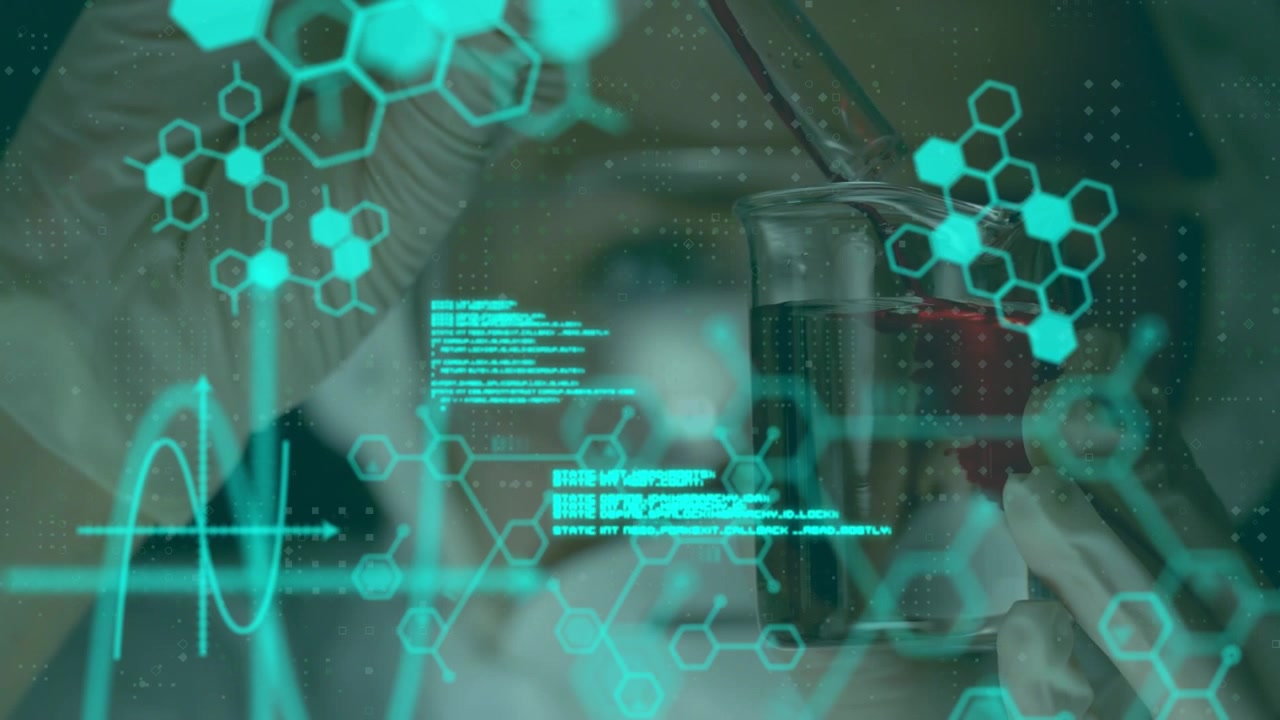 Animation of data processing and chemical formula over scientist in lab