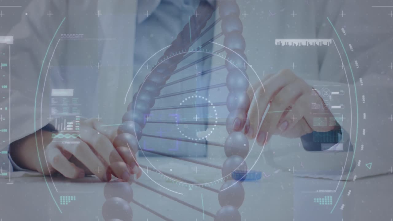 데이터 처리의 애니메이션과 실험관으로 백인 여성 의사에 대한 dna 가닥