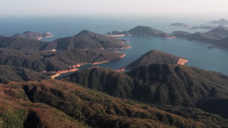 aerial drone shot over the beautiful lush green vegetation over mountainous terrain in scenic hong kong geographical park in sai kung