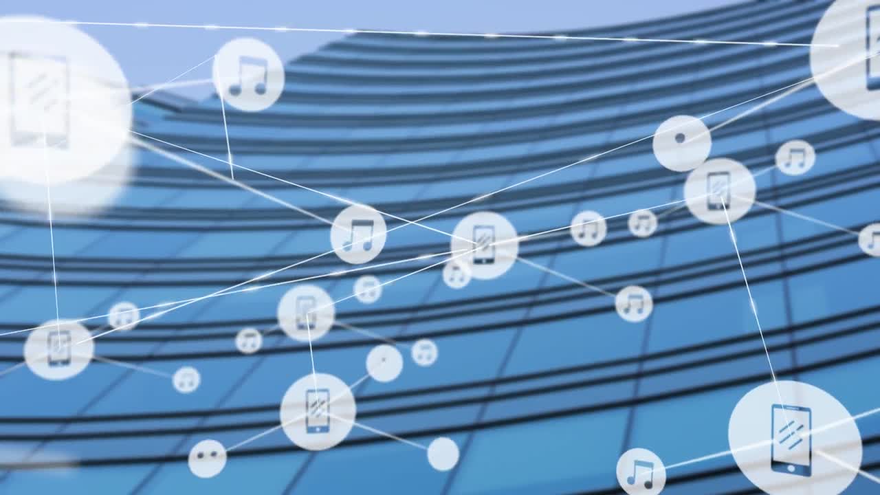 현대적인 사무실 건물 위의 아이콘과 연결 네트워크의 애니메이션