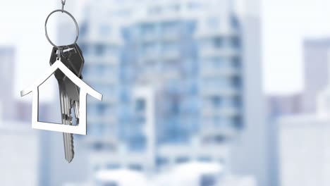 Animation-of-hanging-silver-house-keys-against-blurred-view-of-a-tall-building-with-copy-space