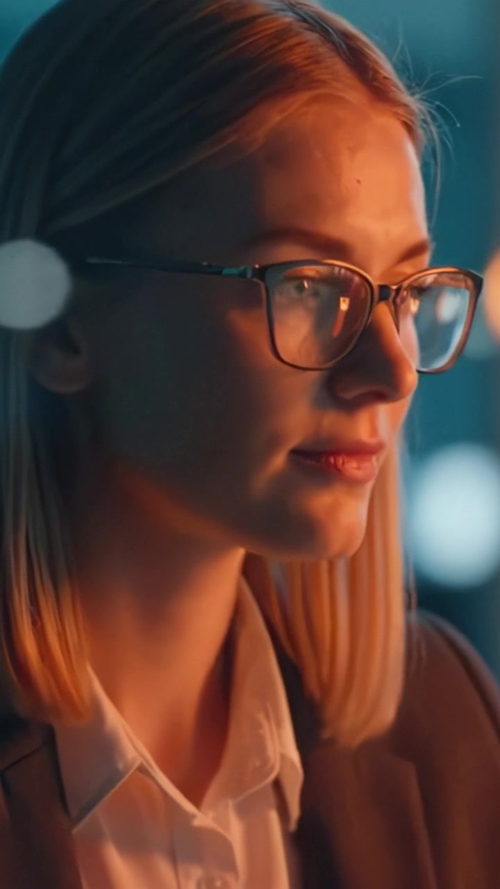 Una donna professionista riflessiva analizza dati in un ambiente d'ufficio moderno, illuminato da colori tenui e luce riflessa, catturando un momento di intuizione.