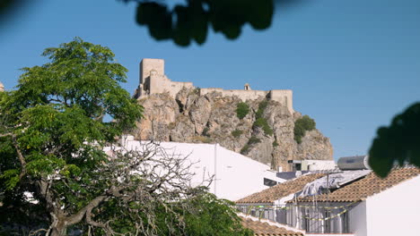 view of the castle on the cliff in olvera village, spain