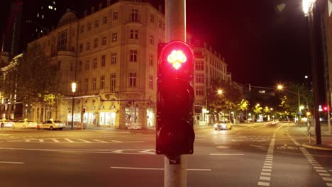 Through-the-pedestrian's-perspective,-this-timelapse-captures-a-city-street-at-night,-marked-by-colorful-traffic-light,-lined-buildings,-trees,-streetlights,-and-blurred-vehicles-due-to-long-exposure