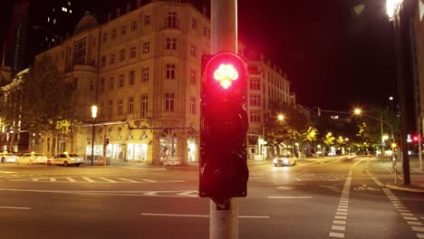 Through the pedestrian&#039;s perspective, this timelapse captures a city street at night, marked by colorful traffic light, lined buildings, trees, streetlights, and blurred vehicles due to long exposure