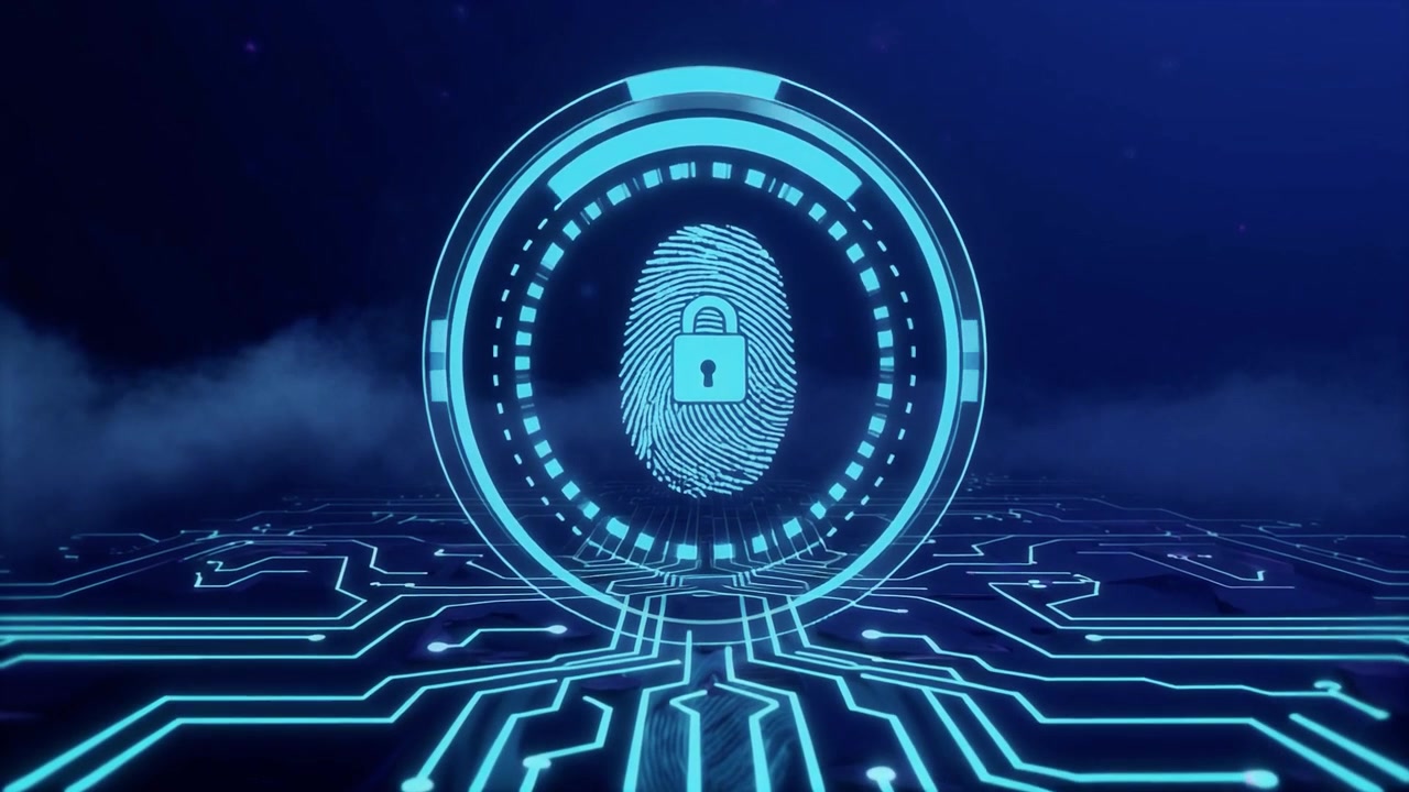 Digital Fingerprint Scanner with Padlock Icon on Circuit Board Background