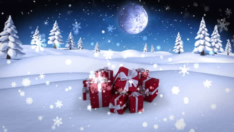 Snow-falling-on-christmas-presents-in-snowy-landscape