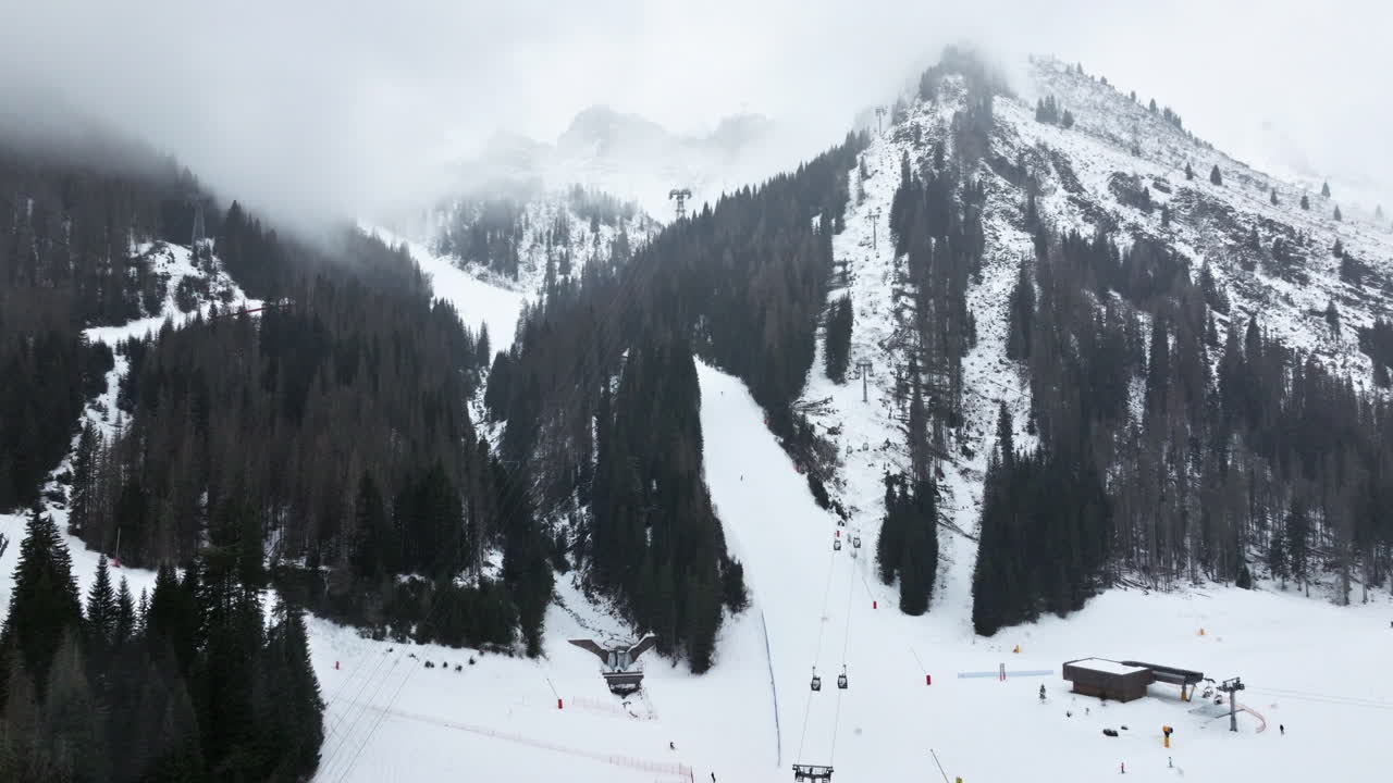 Aerial drone view of the Arabba ski resort in the Dolomites, Italy