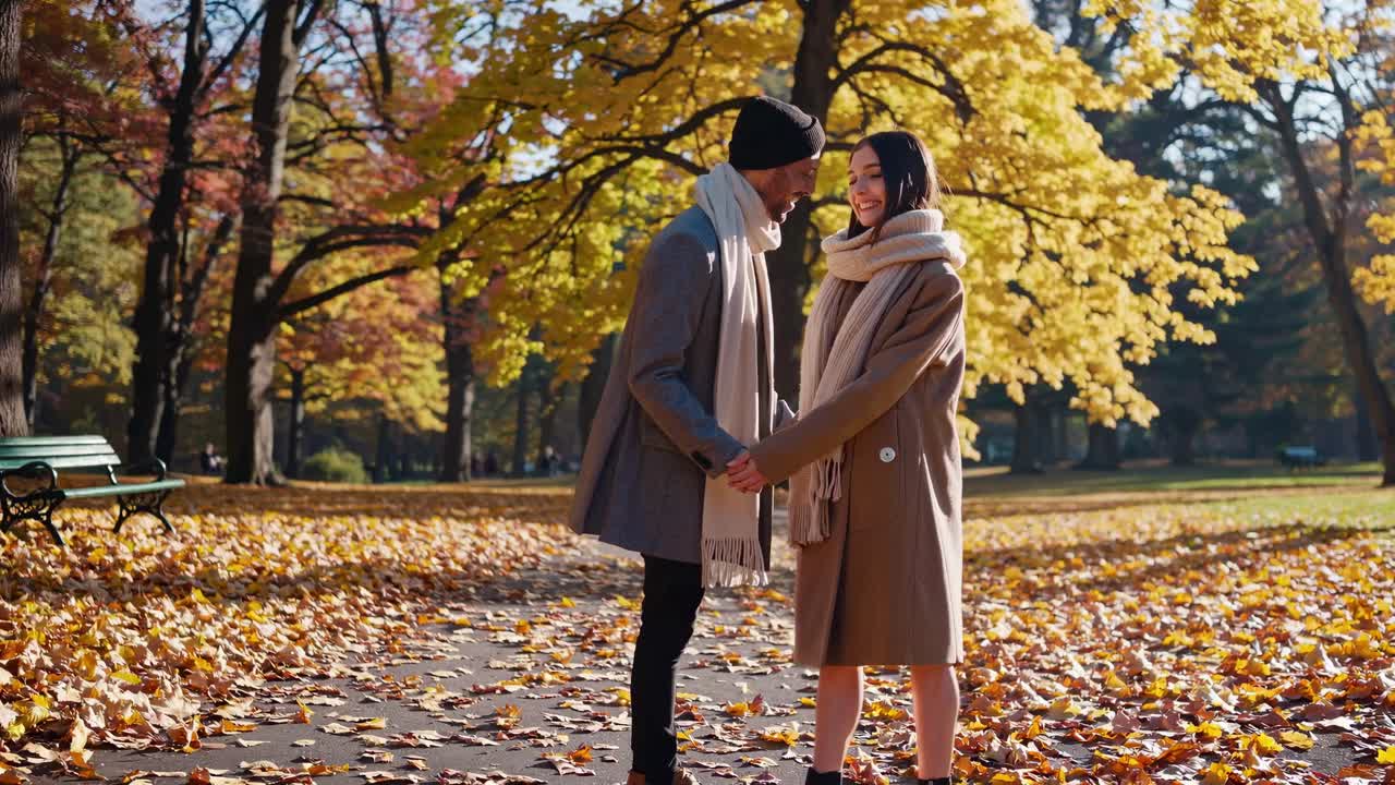 A romantic autumn scene in a park, captured from a side angle