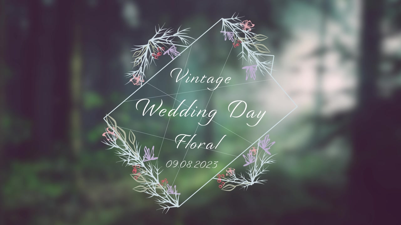 Plantilla de invitación de boda animada con marco floral en un bosque brumoso