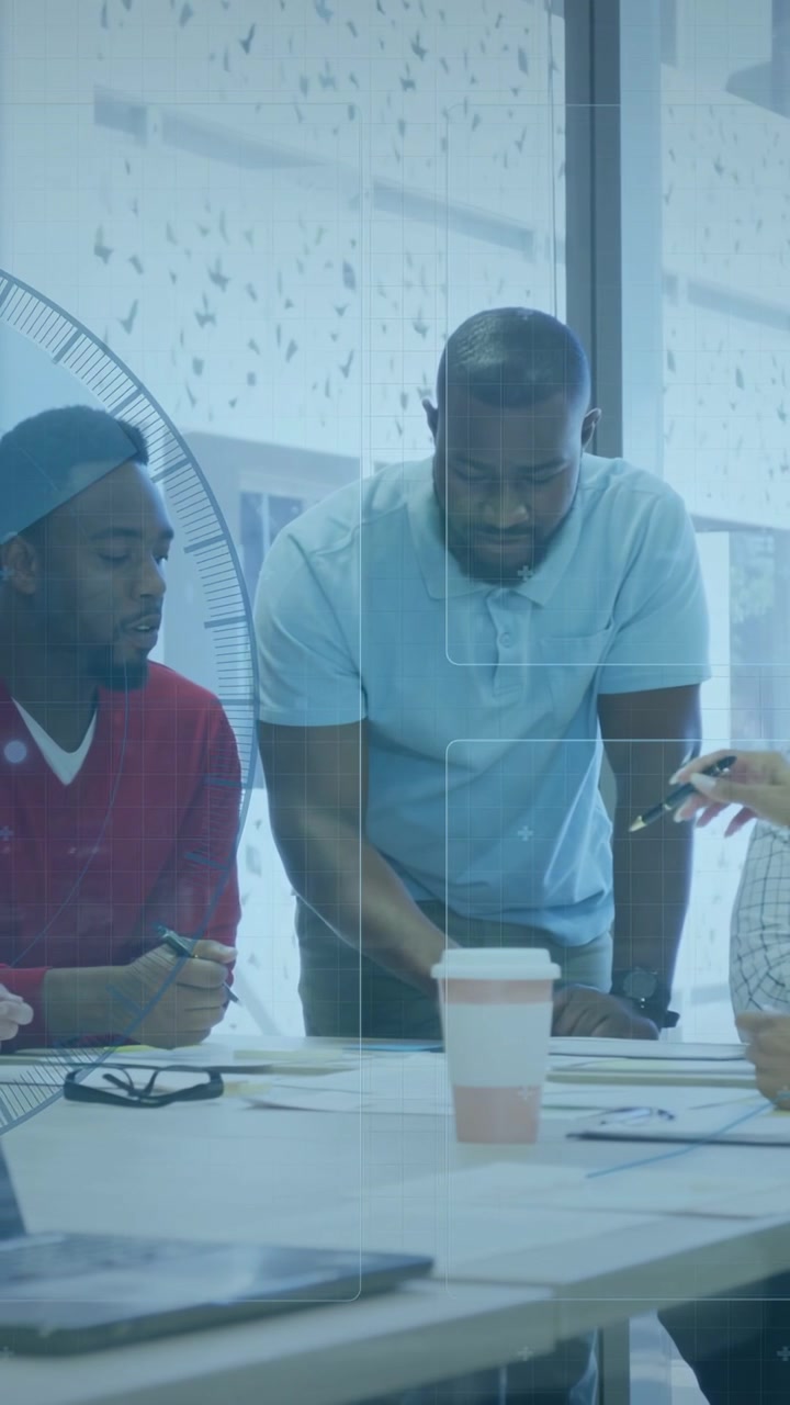 Vertical video: Meeting lead leaning, pointing at papers, team noting and passing pens in business