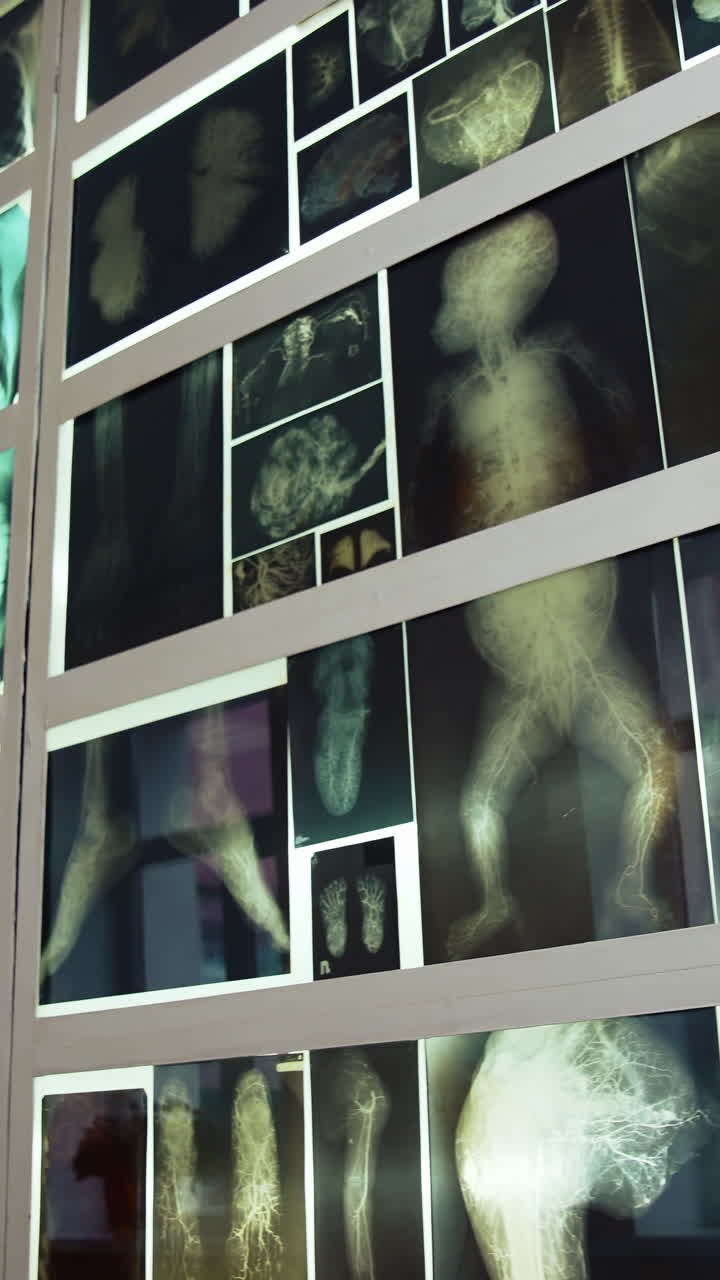 Interior detail of the medical museum. Anatomical museum with collection of human anatomy. Vertical video