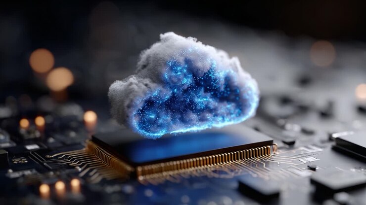 A Stunning Visualization of Cloud Computing Over a Computer Chip, Demonstrating the Intersection of Technology and Digital Innovations in Modern Computing Environments