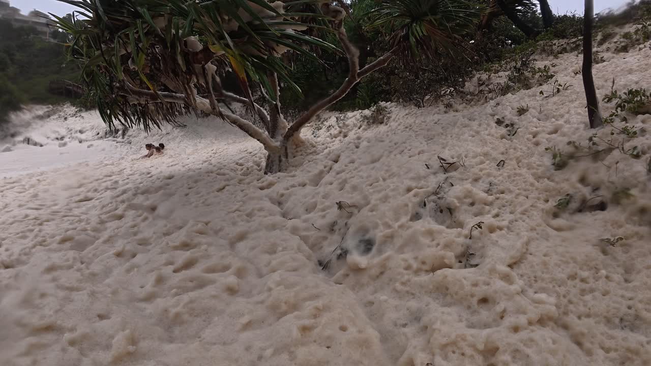 Sea Foam In Snapper Rocks During Cyclone Alfred In Queensland, Australia - Tilt Down Shot