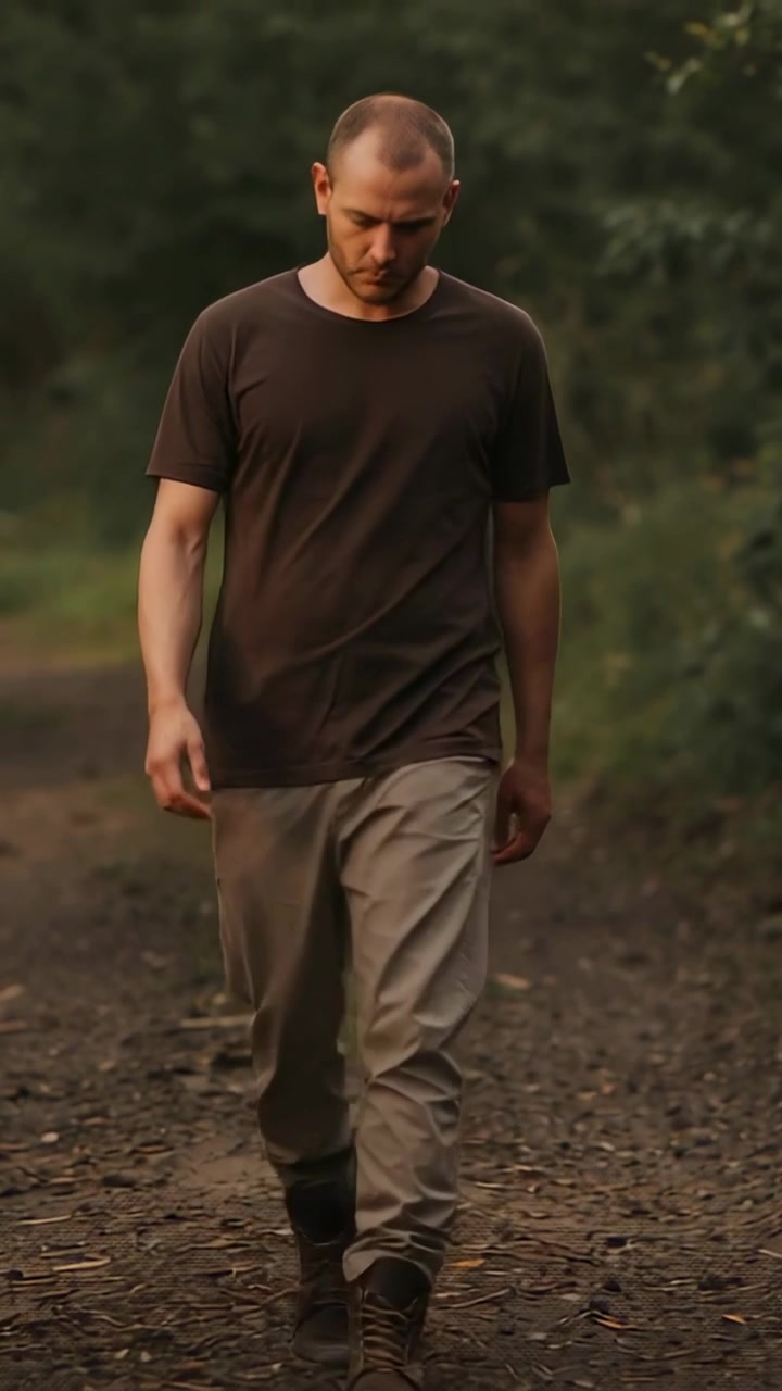 Uomo adulto che cammina verso la telecamera lungo un sentiero di cippato tra gli alberi, indossando una maglietta scura, pantaloni color cachi e stivali.