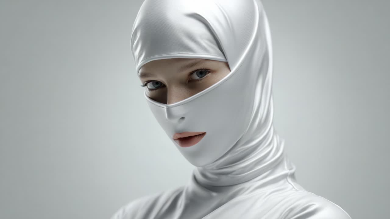 Una Figura Misteriosa con una Maschera Bianca Lucida che Fissa Intensamente, Catturando un Mix di Intrigo ed Eleganza Futuristica in un Contesto Minimalista