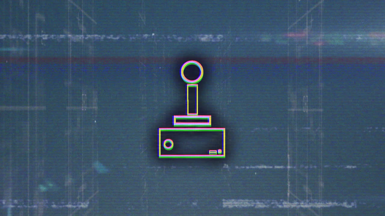 Animation of retro joystick icon over digital grid with glitch effects