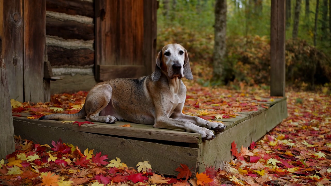 Beagle On Cabin Porch, Autumn Leaves Senior Hound Resting On Wooden Step Beside Log Cabin, Vibrant Red