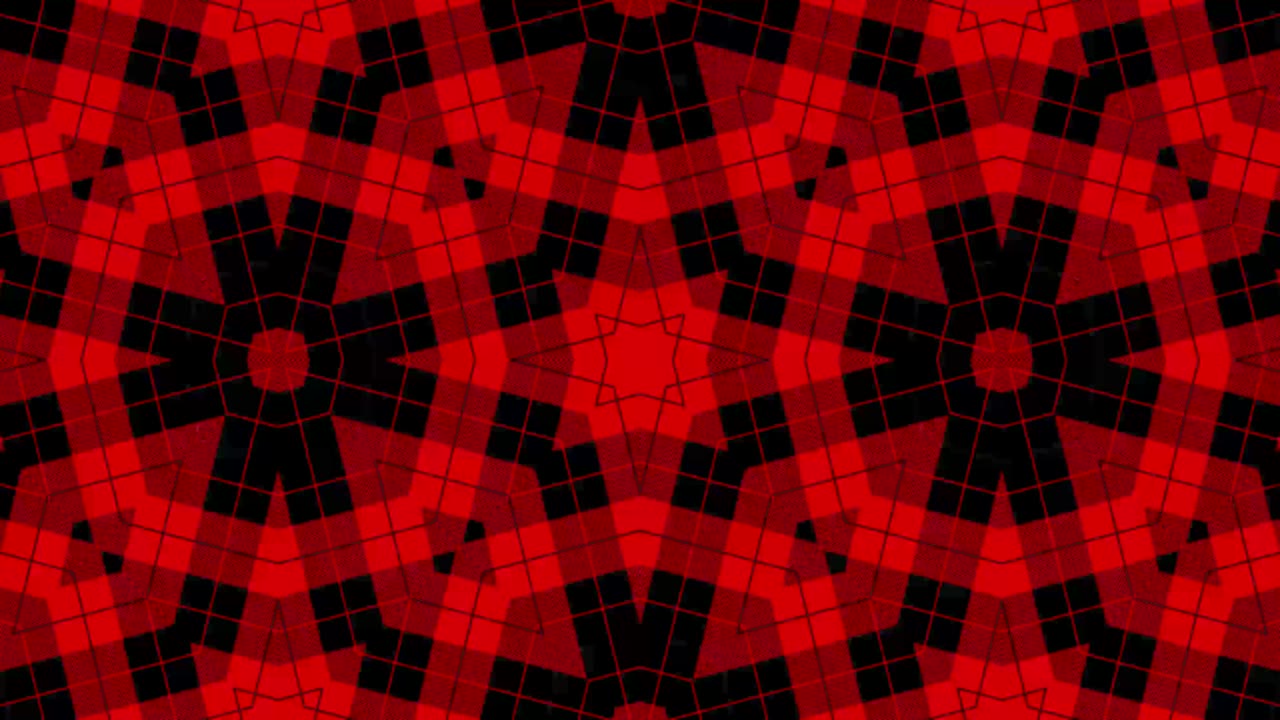 secuencia de bucle de vídeo de fondo de movimiento. rayas de tartan rojas y negras estilo patrón gráfico en efectos de movimiento caleidoscópico.