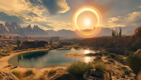 otherworldly desert sunset with sun halo