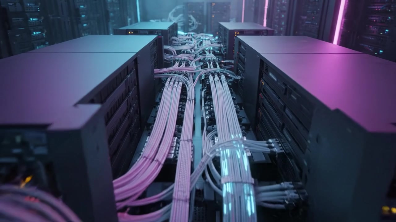 Futuristic Server Room Showcasing Complex Cabling and Advanced Technology with Neon Lights and High-Tech Servers for Enhanced Data Management and Connectivity