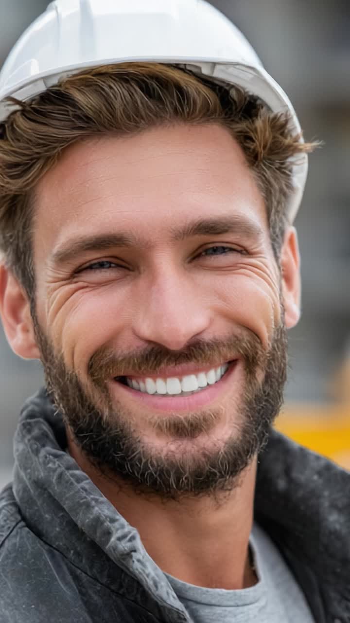 A cheerful construction worker with a white hard hat and beaming smile, showcasing the importance of safety and positive attitude on the job site