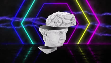 animation of antique sliced head sculpture over neon lines on black background