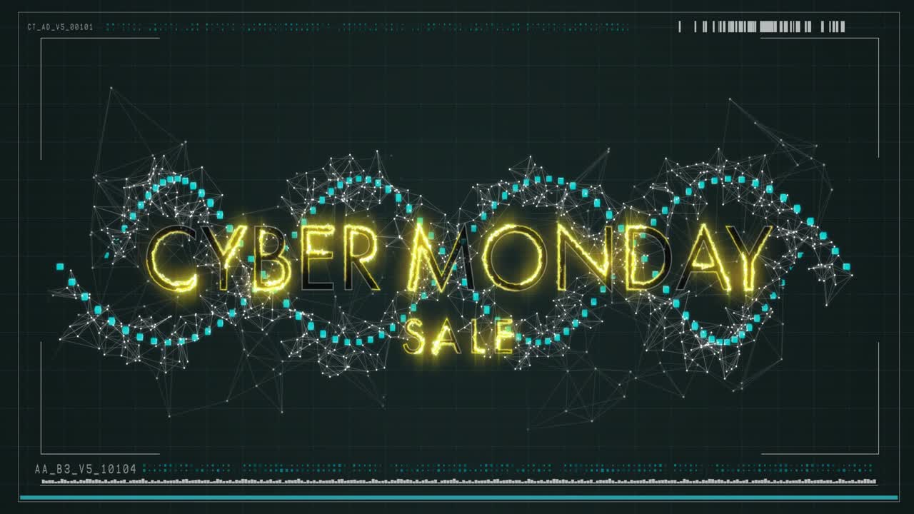 Particles emerging from sides drifting, forming helix, tracing Cyber Monday SALE aiding promotion