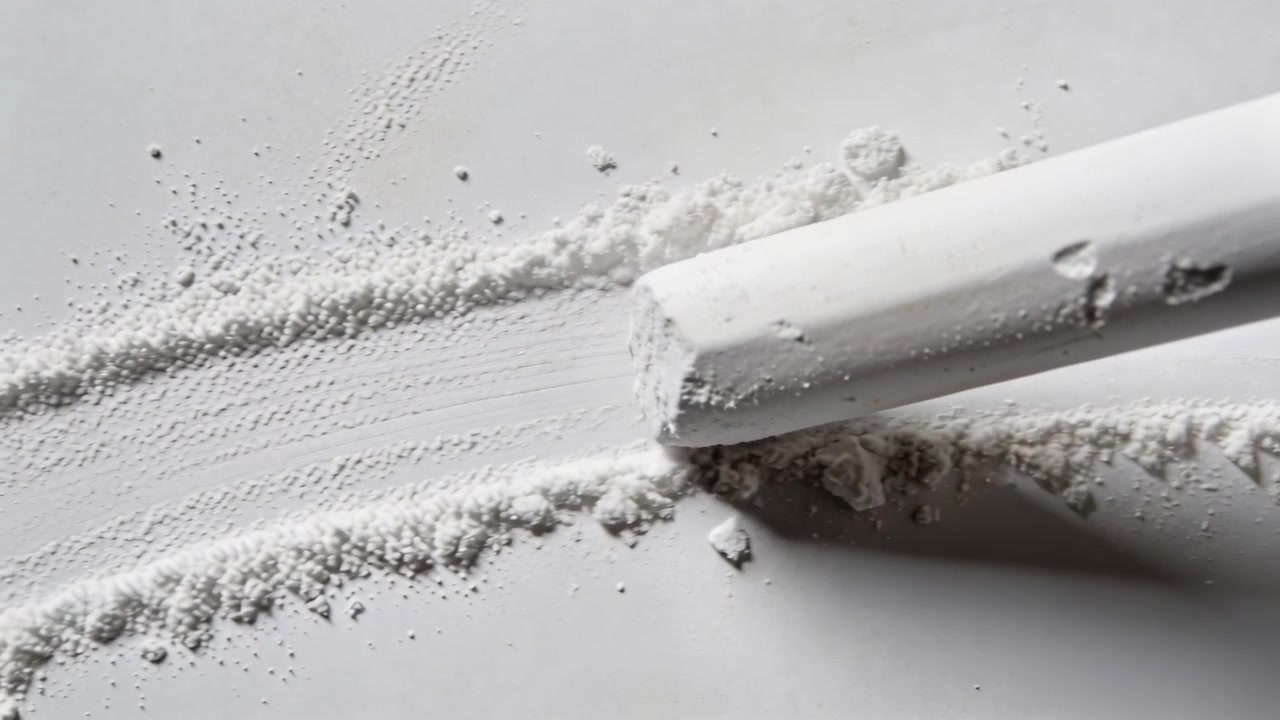 Entering right chalk stick dragging left across sheet scraping powder into dual ridges, copy space