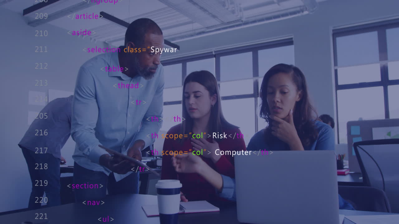 Animation of financial data processing over diverse business people in office