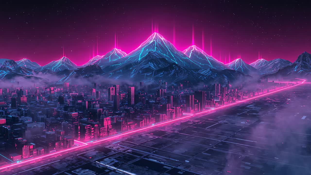 Gliding camera revealing neon mountain with pink beams and magenta ring, framing skyline at night
