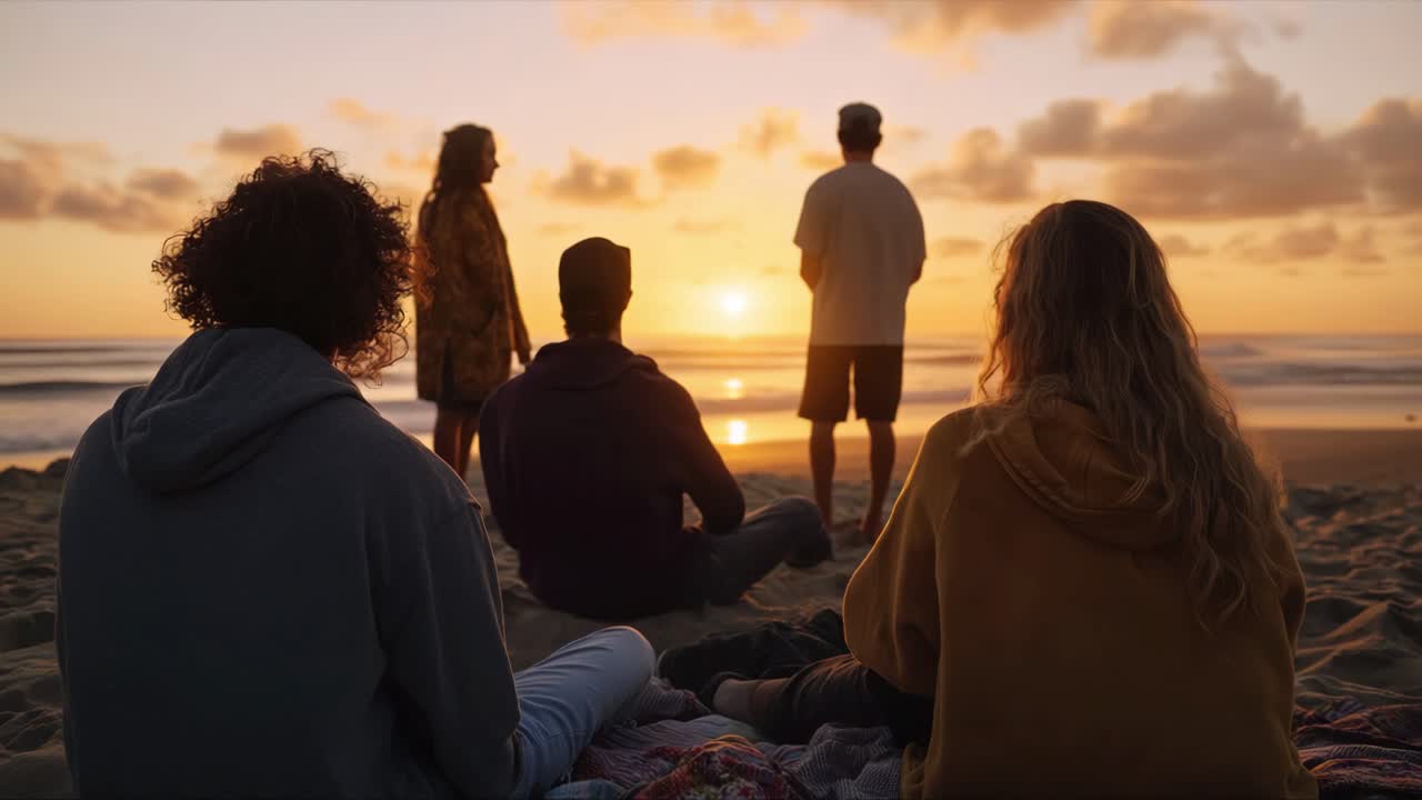 Group of friends enjoying beach sunset