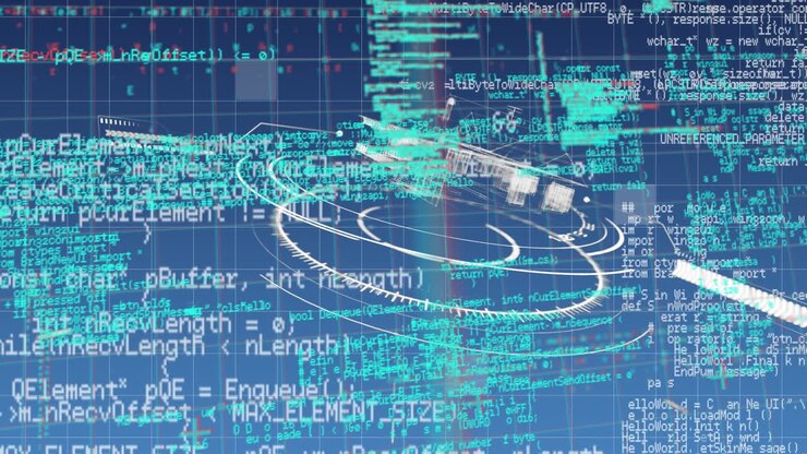 Animation of scope scanning over data processing on black background