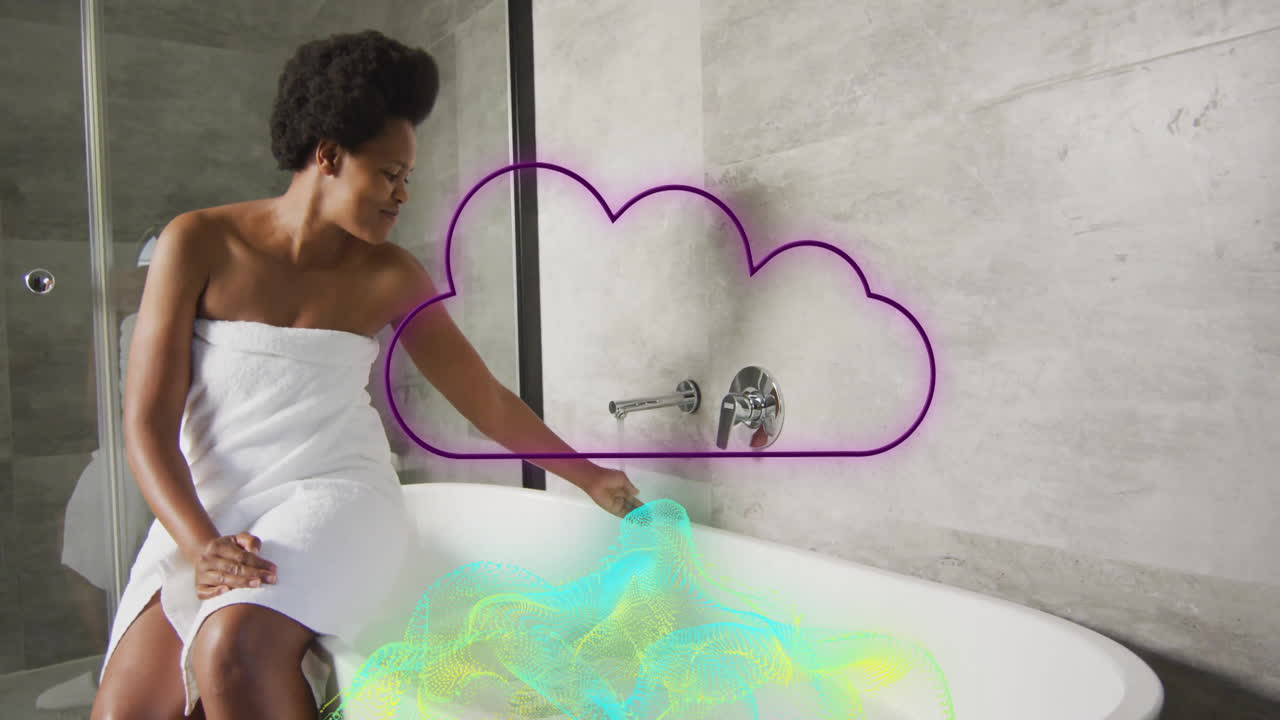 woman wrapping towel, touching water in tech bathroom, showing wave animation with cloud graphic