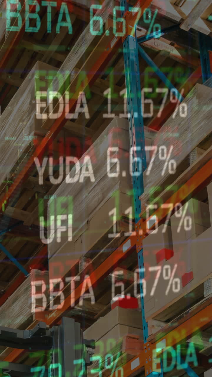 Animation von Finanzdatenverarbeitung und Börse über einer leeren Lagerhalle