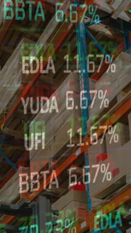 animation of financial data processing and stock market over empty warehouse