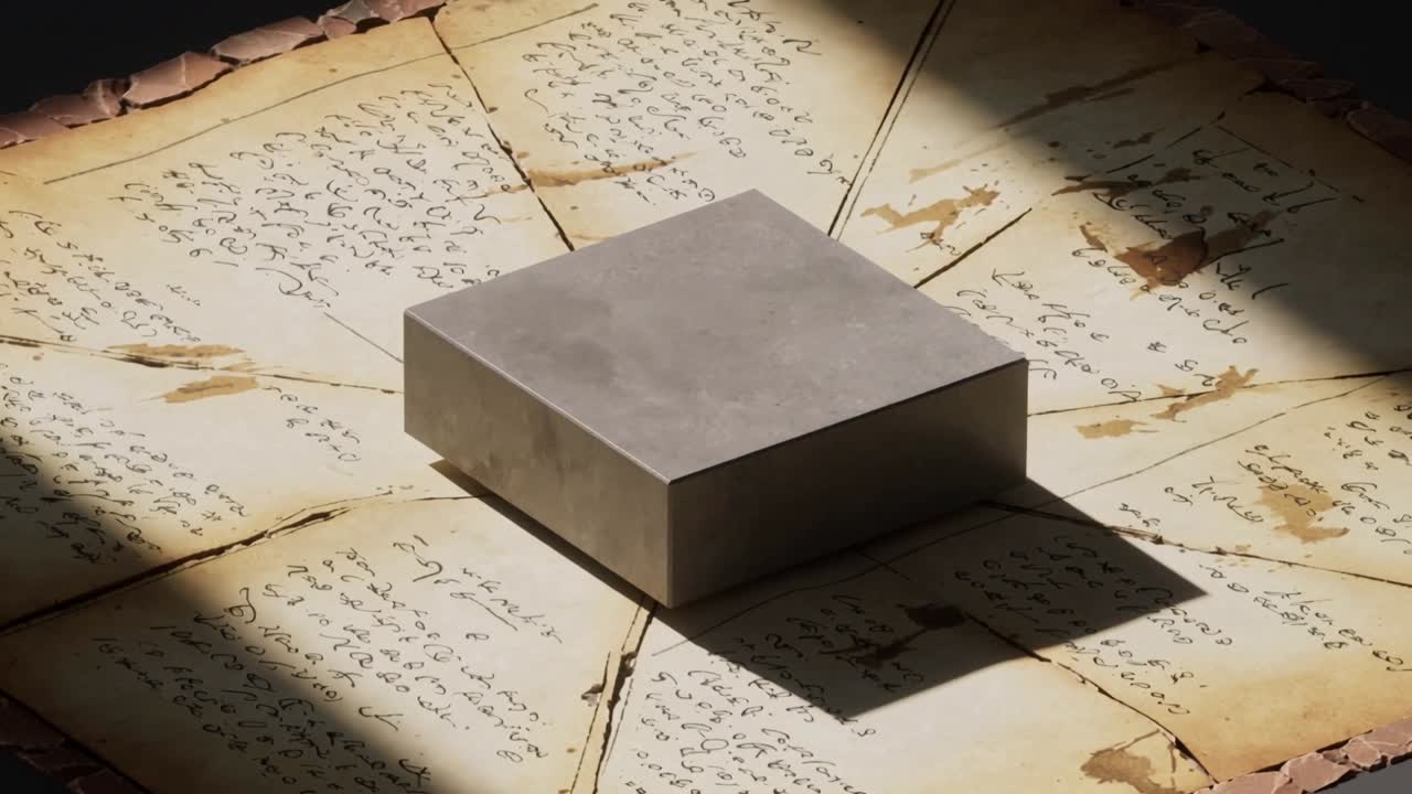Shifting beam lighting metal block on table, sliding highlight and revealing parchments' burn marks