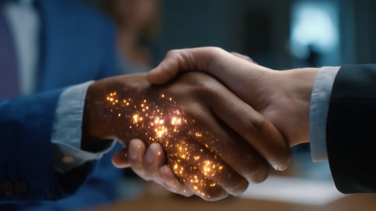 A powerful handshake symbolizing collaboration and transformation, featuring glowing cosmic elements that represent synergy and unity between individuals in a professional setting