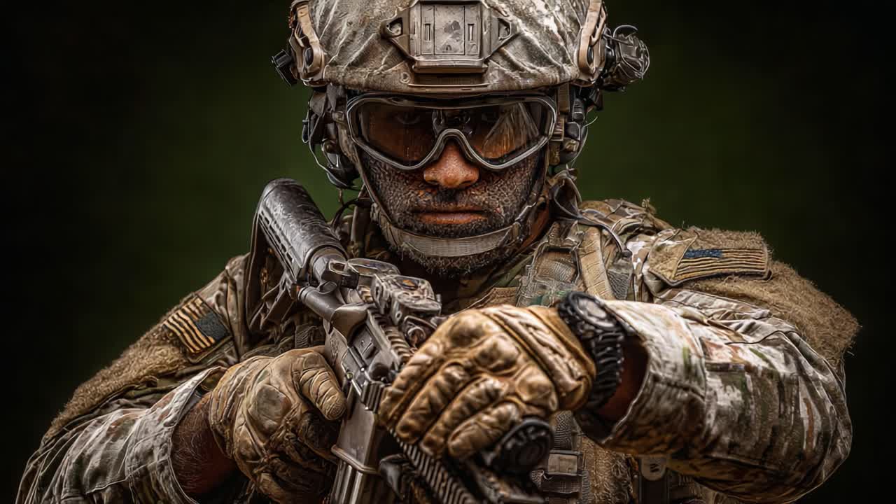 Un soldato determinato pronto all'azione: che cattura la risolutezza e la prontezza di un moderno operatore militare in equipaggiamento tattico e prontezza al combattimento.