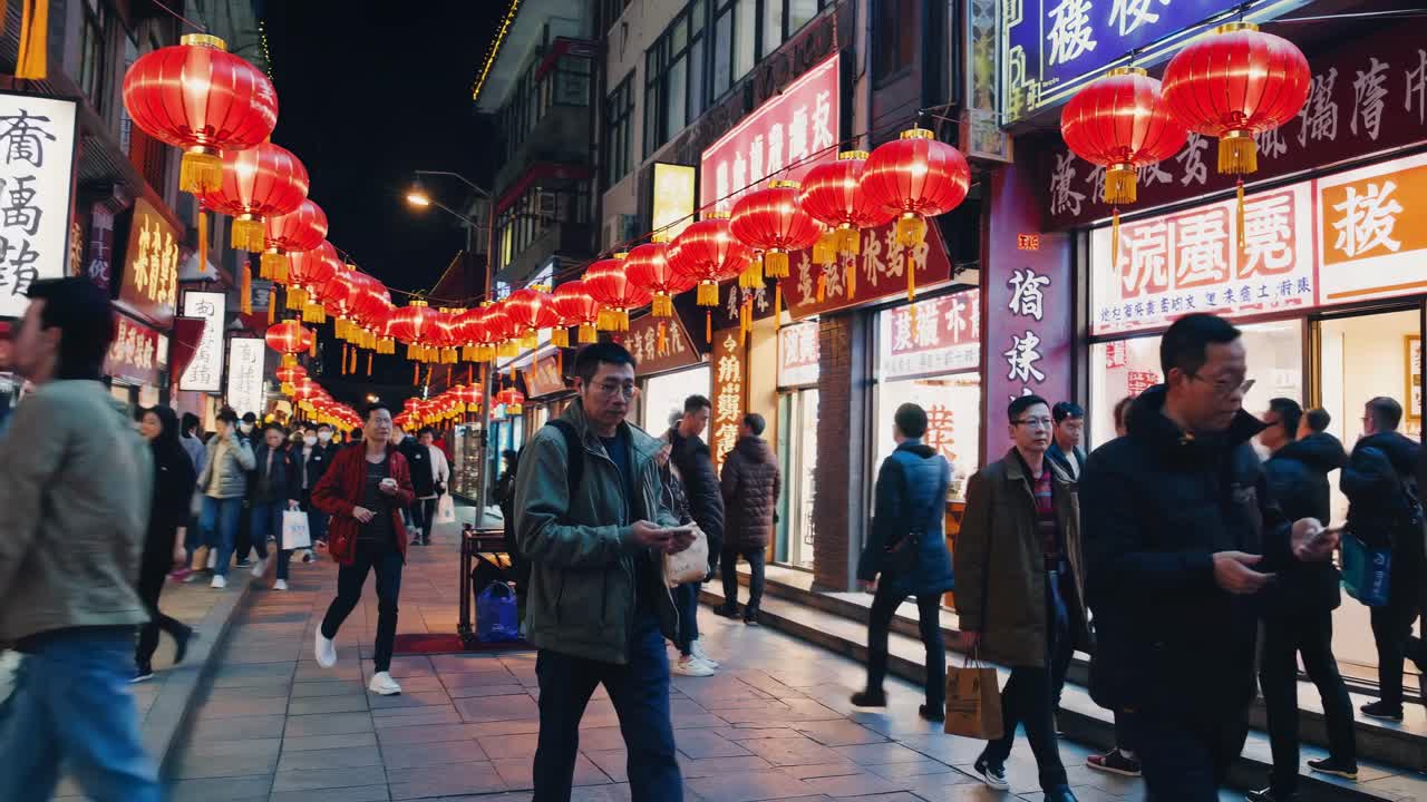 Vibrant street scene video with people walking under red lanterns